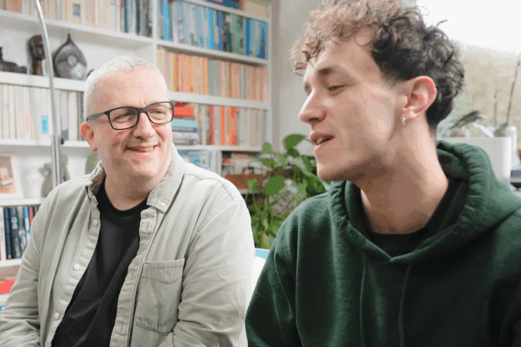 Husband and son playing music together