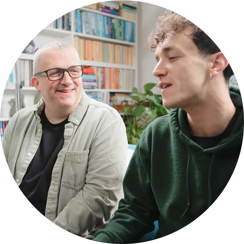 Fin, father & caregiver, and Devon, living with FCS